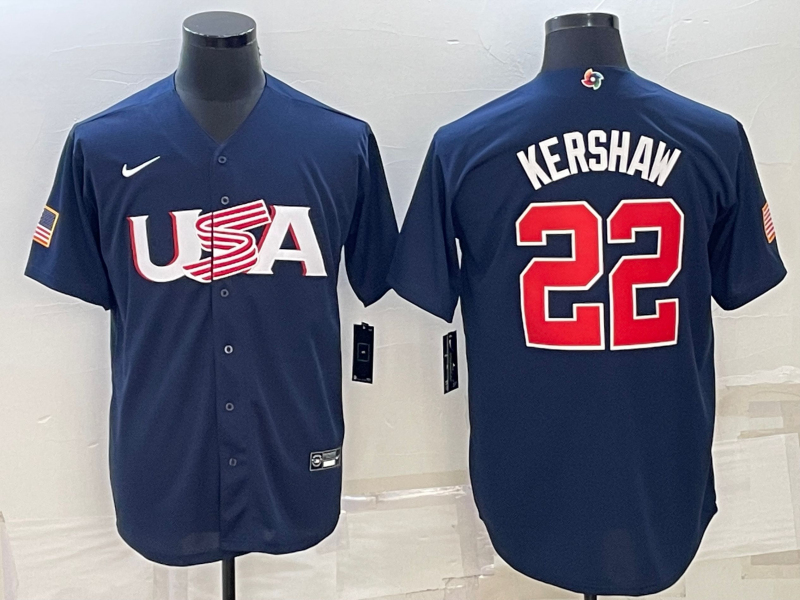 Men's USA Baseball #22 Clayton Kershaw 2023 Navy World Baseball Classic Stitched Jersey